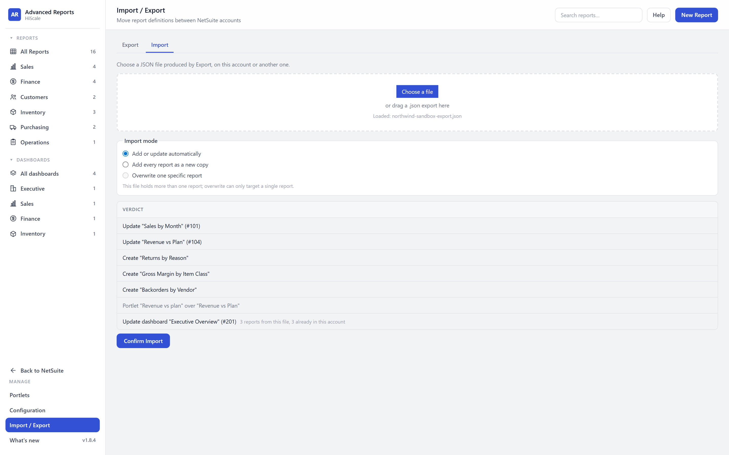 Import / Export page on the Import tab after loading an export file, showing the import mode options and a verdict listing reports to update or create, a portlet and a dashboard to update, with a Confirm Import button.