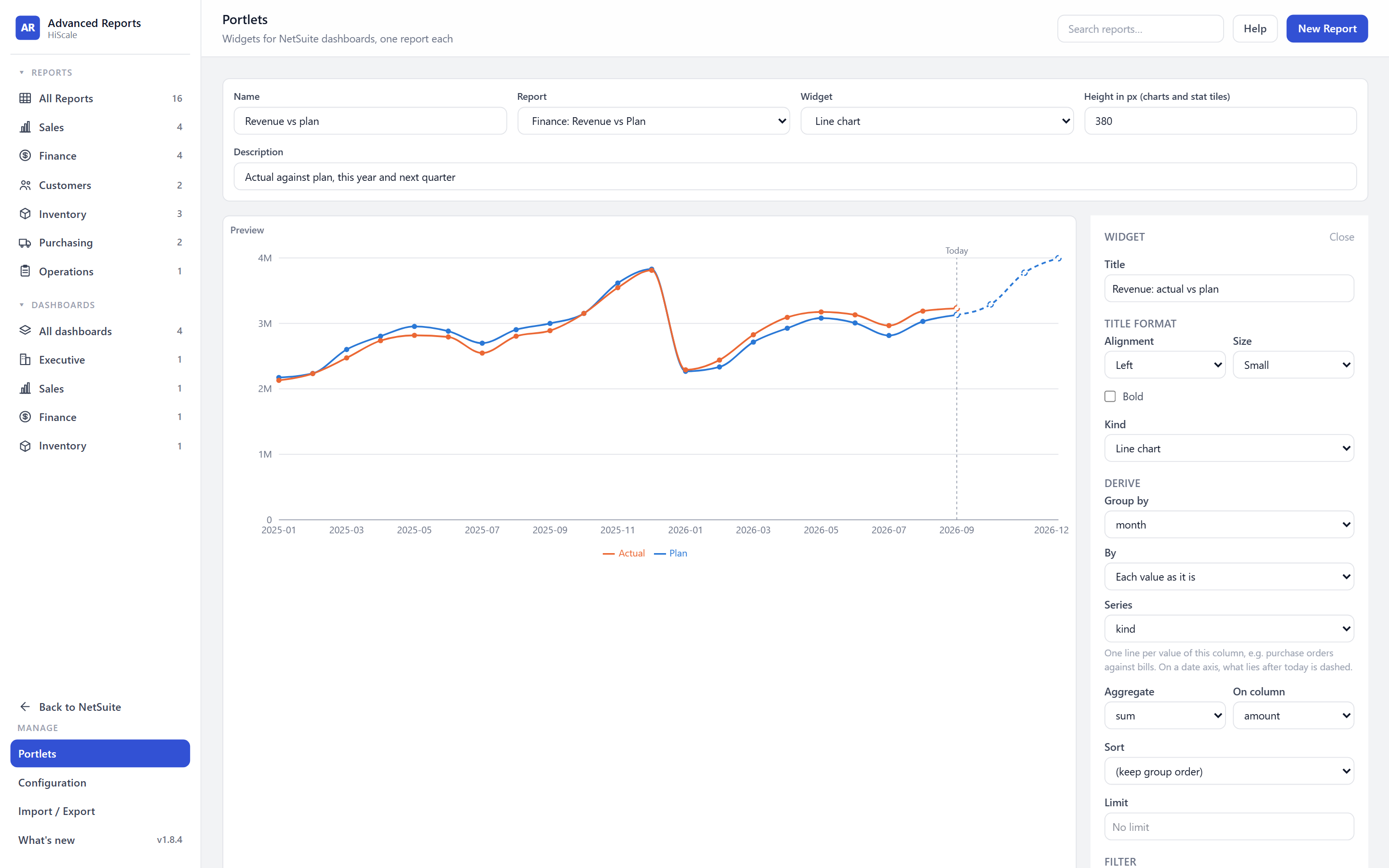 Portlet editor with name, report, widget type and height fields, a live preview of a revenue actual versus plan line chart, and the widget settings panel.