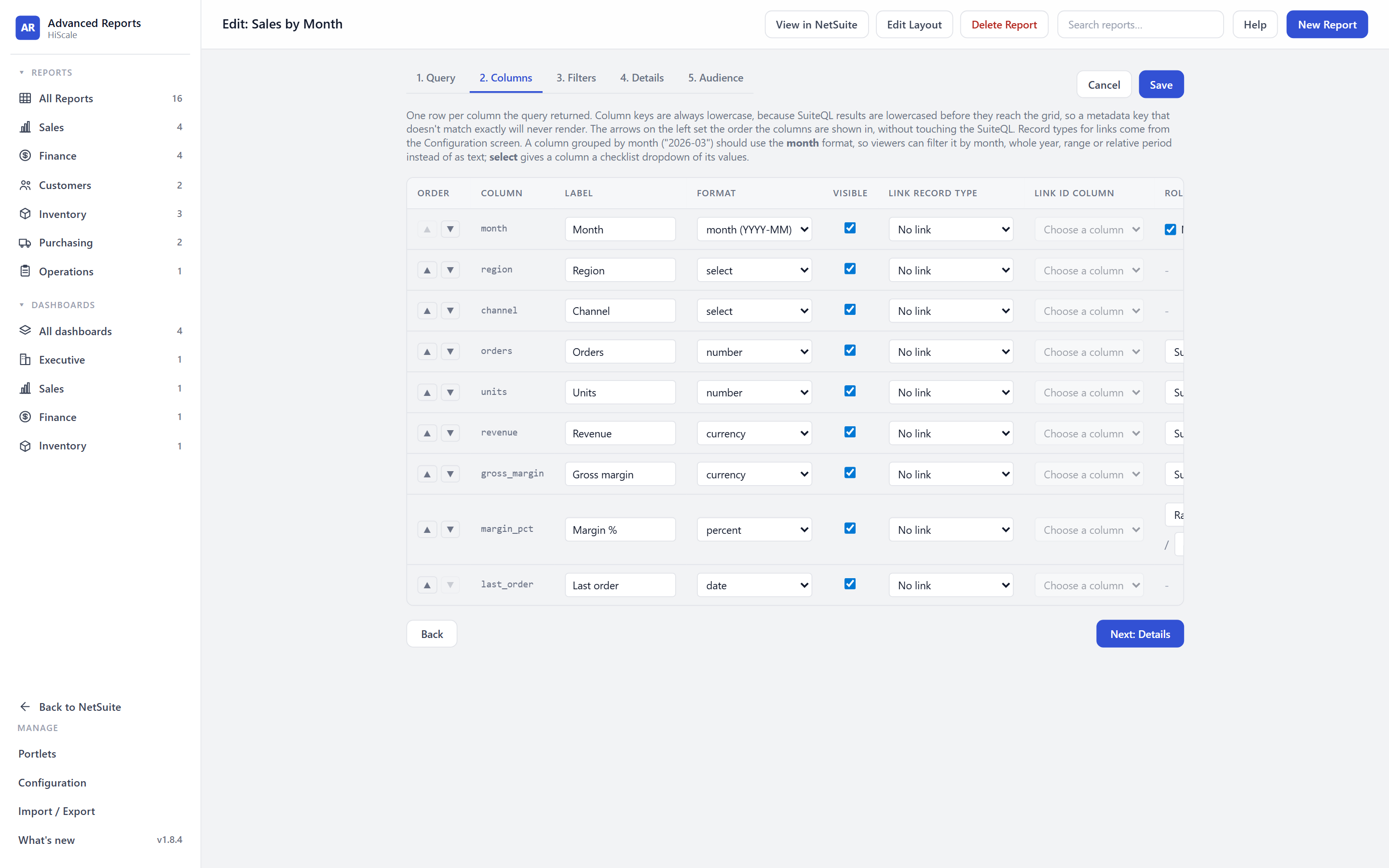 Report wizard on the Columns step listing each query column with its label, a format such as month, select, number, currency, percent or date, a visibility checkbox and record link settings.