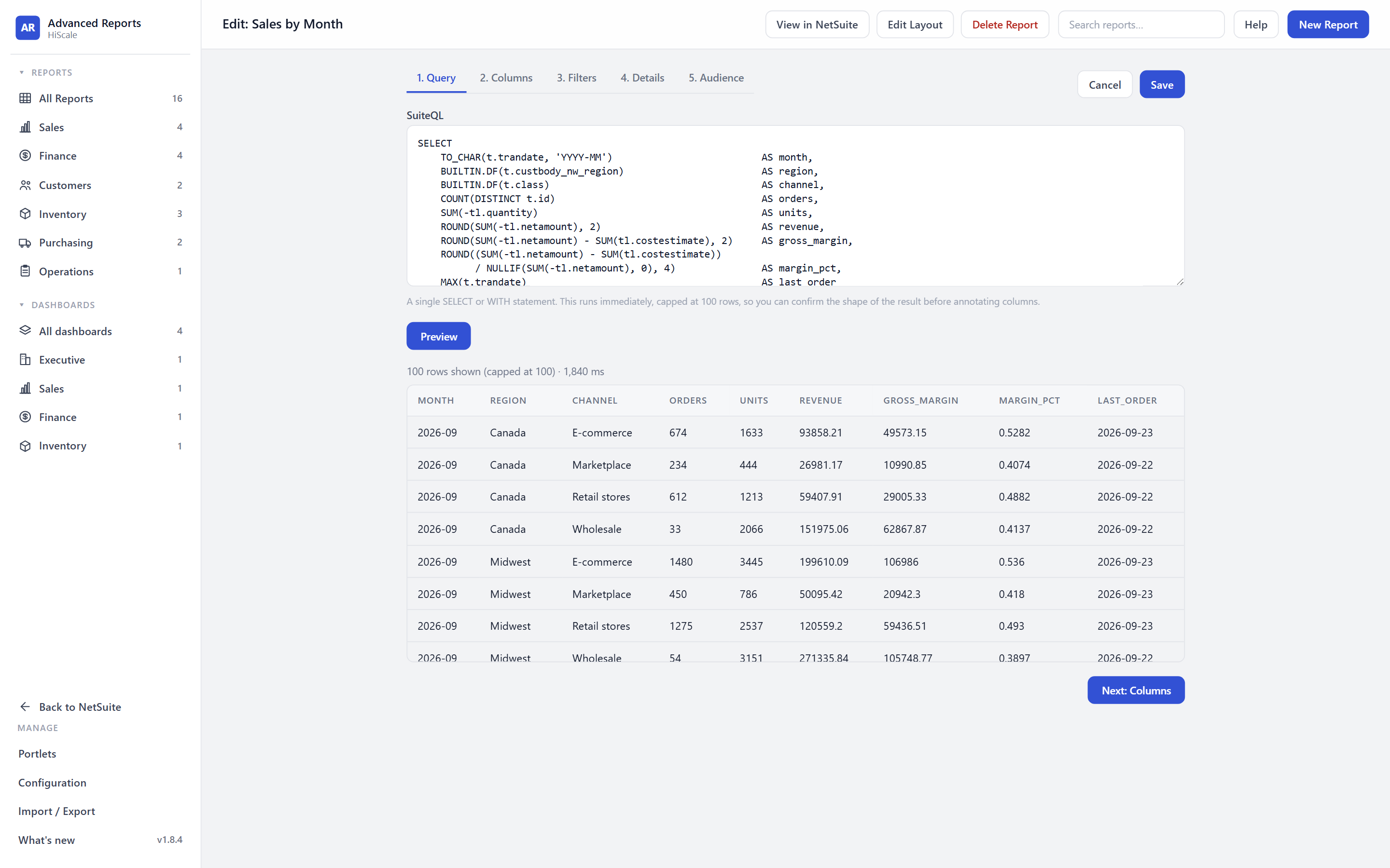 Report wizard on the Query step showing a SuiteQL query that groups sales order lines by month, region and channel, a Preview button and a preview table of the first rows returned.